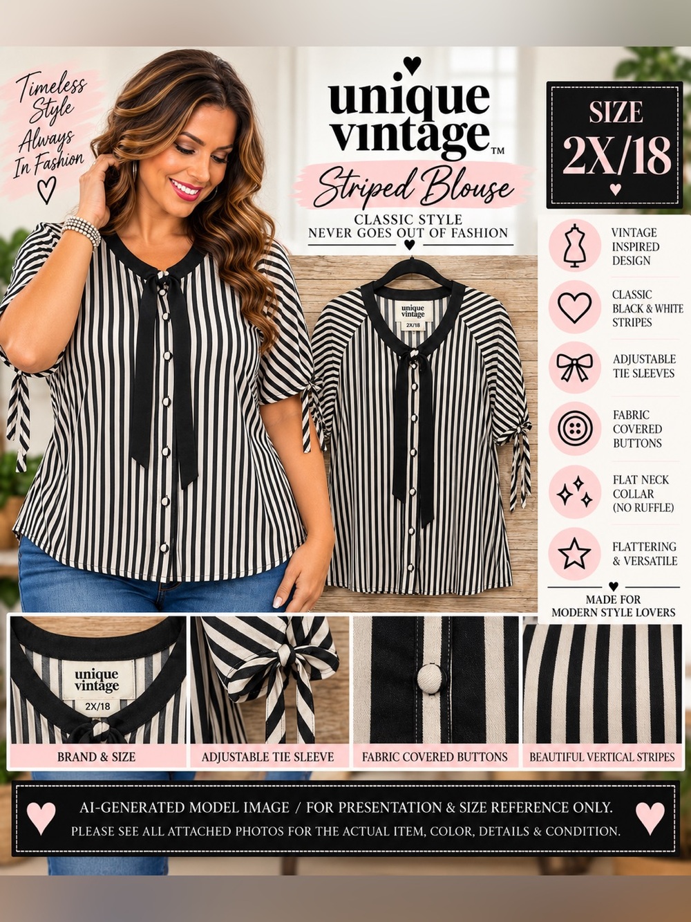 Unique Vintage Black & Ivory Striped Tie-Sleeve Blouse 2X/18